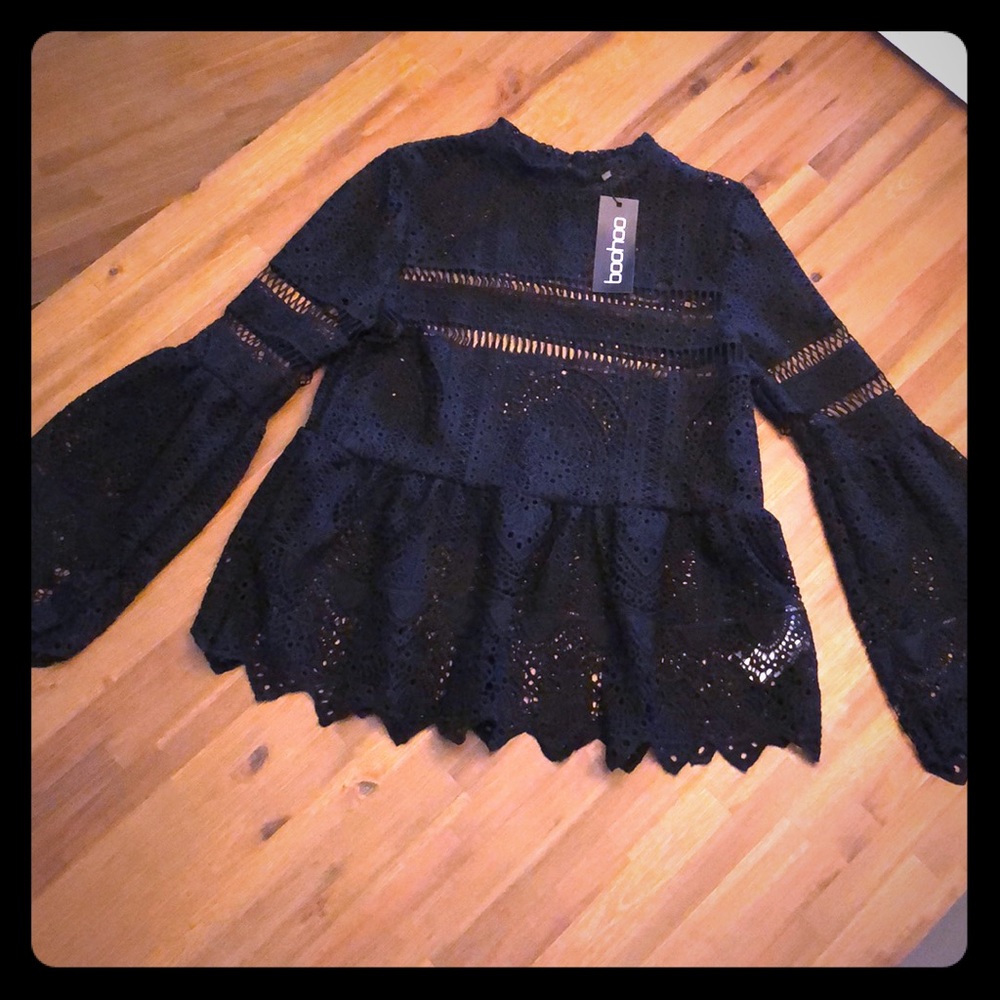 Black lace bell sleeve blouse